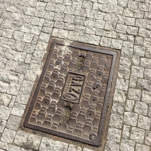 Hustá síť šestiúhelníkových výstupků pokrývá povrch tohoto železného exempláře, který je zasazen do světlé dlažby z kamenných kostek. Centrální nápis 'GAZ' jasně indikuje jeho funkční určení, zatímco označení 'EN124-C250' poskytuje cenné údaje o jeho zatížitelnosti. Institut Lidologie by tento artefakt klasifikoval jako typický příklad městské infrastruktury s robustním designem.